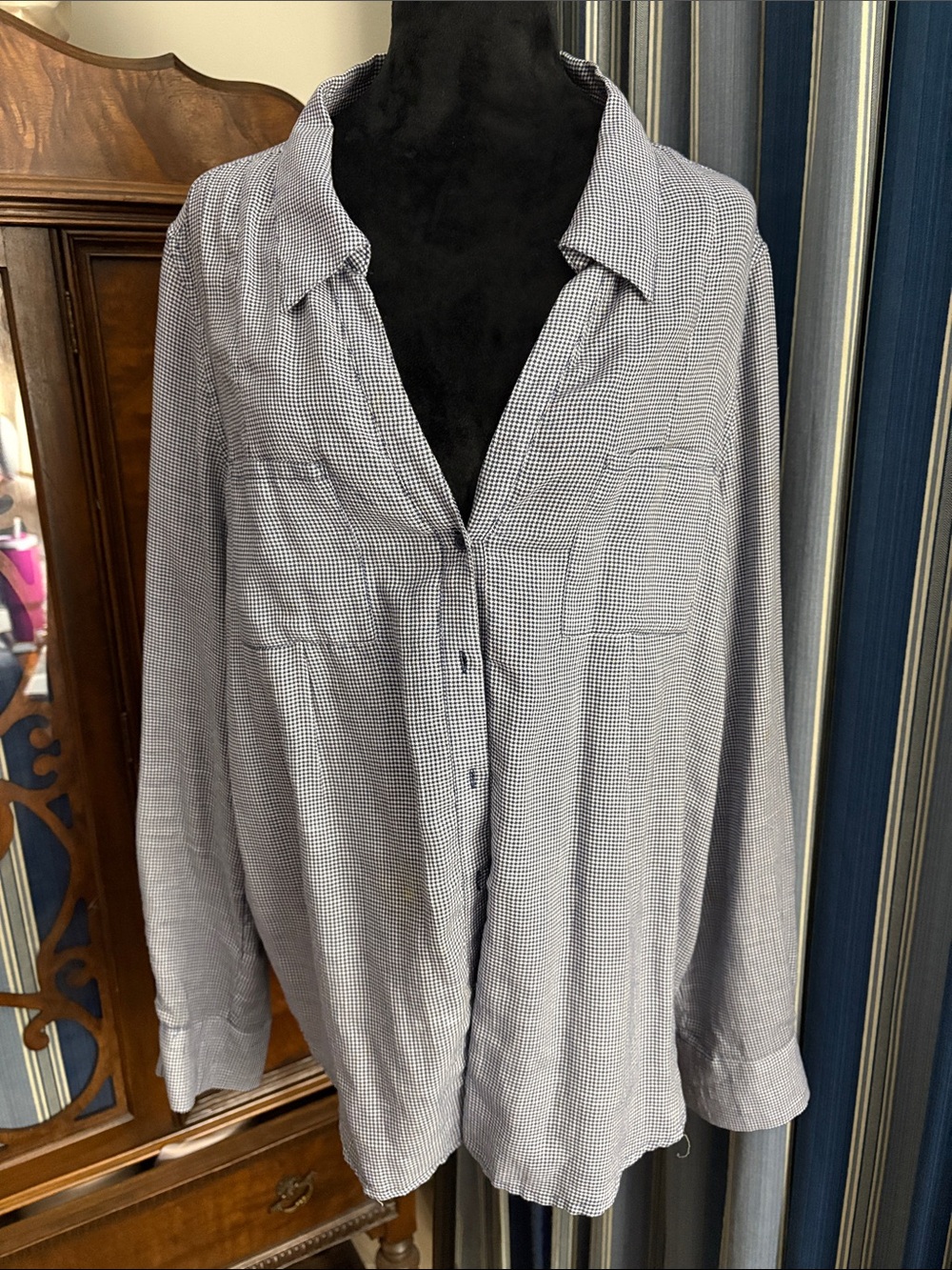 Women’s Lightweight Button-Up Shirt Jacket - Blue/White Check